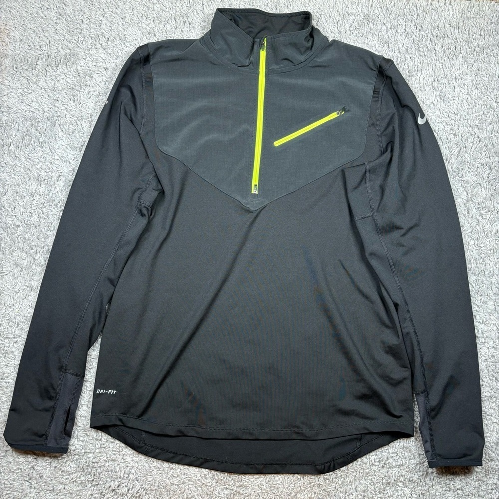 Nike Black and Neon Yellow Quarter Zip Pullover Men's Shirt, Sz L